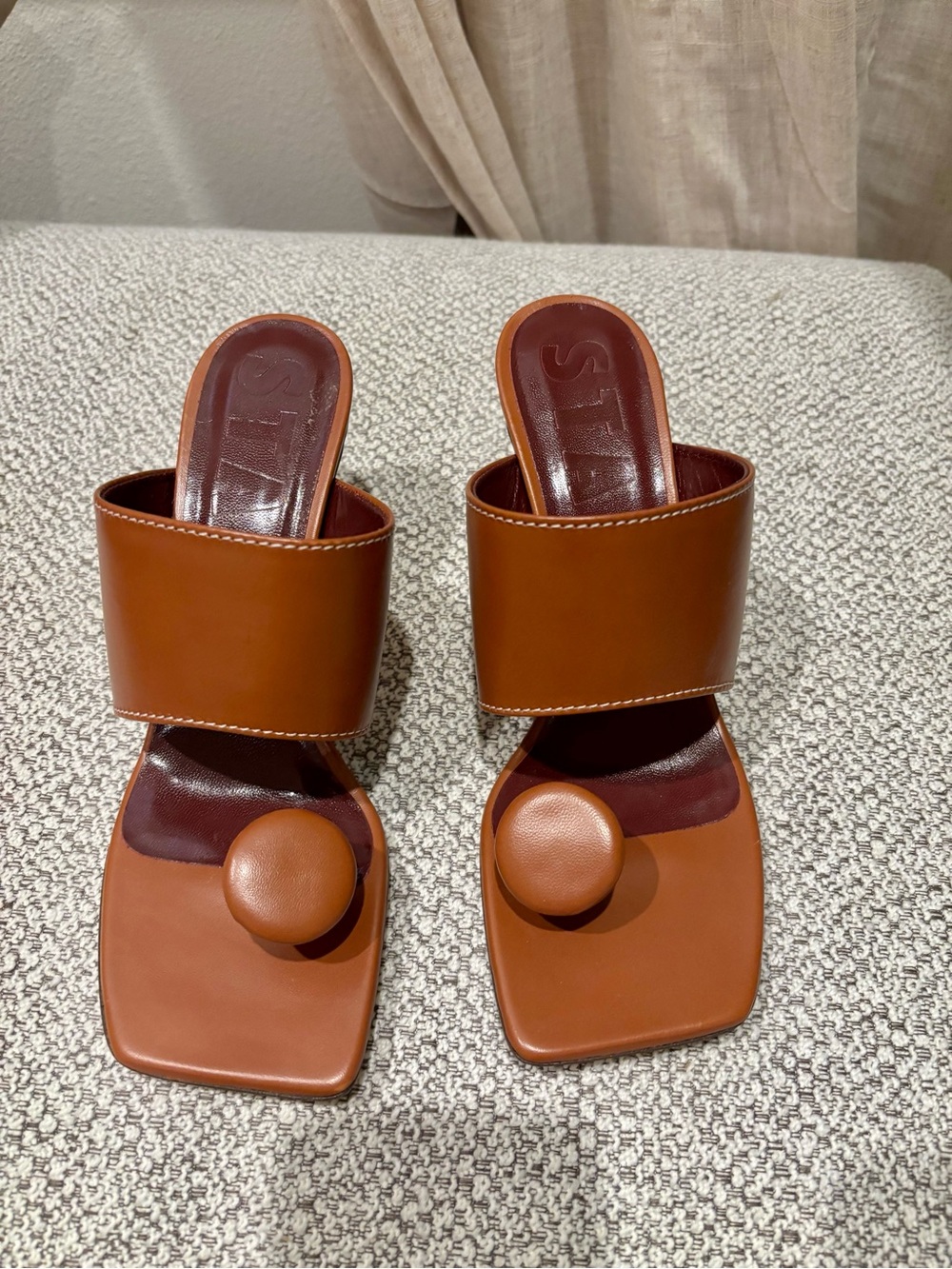 STAUD Tan Brown Leather Toe-Button Slide Mules